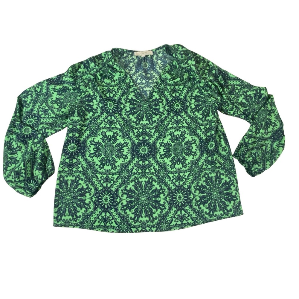 Loft Green Medallion Paisley V-Neck Blouse Long Sleeve Bubble Cuff Top Large - Picture 2 of 7